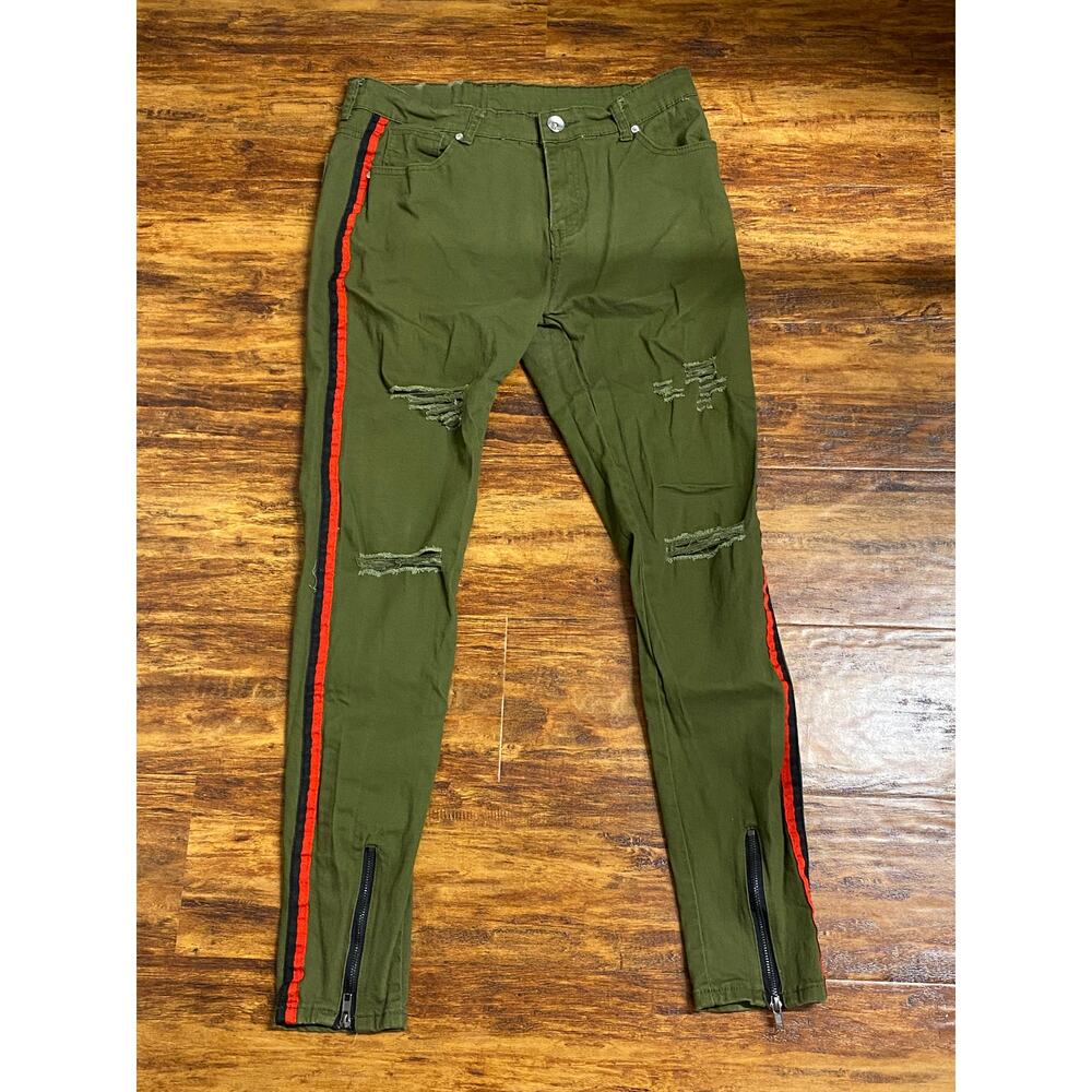 Olive Green Distressed Side Stripe Zipper Jeans Size 34 Pre Owned